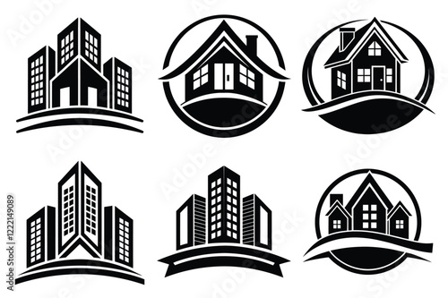 Real Estate icon set. Vector illustration. The collection contains icons: House, Real Estate Insurance, Real Estate Agent, House Key, Domestic Life, Real Estate Construction, Relocation, Home.