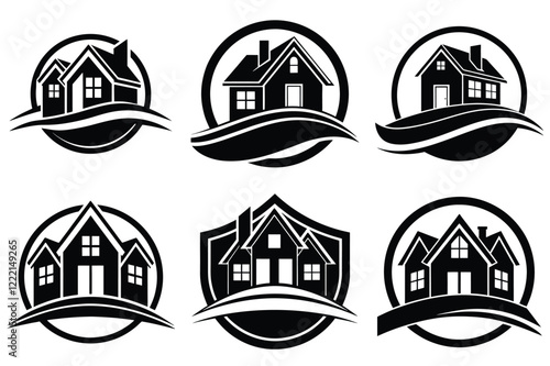 Real Estate icon set. Vector illustration. The collection contains icons: House, Real Estate Insurance, Real Estate Agent, House Key, Domestic Life, Real Estate Construction, Relocation, Home.
