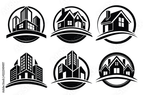Real Estate icon set. Vector illustration. The collection contains icons: House, Real Estate Insurance, Real Estate Agent, House Key, Domestic Life, Real Estate Construction, Relocation, Home.