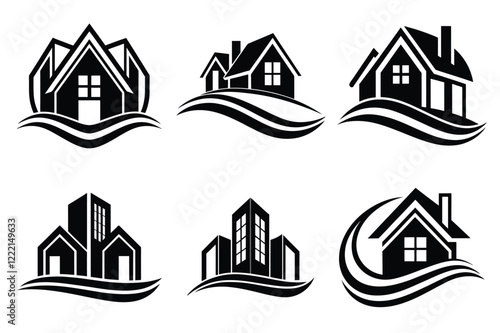 Real Estate icon set. Vector illustration. The collection contains icons: House, Real Estate Insurance, Real Estate Agent, House Key, Domestic Life, Real Estate Construction, Relocation, Home.