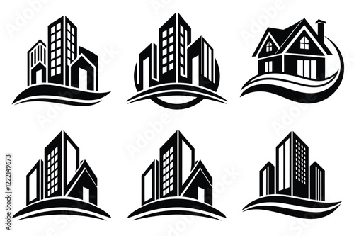 Real Estate icon set. Vector illustration. The collection contains icons: House, Real Estate Insurance, Real Estate Agent, House Key, Domestic Life, Real Estate Construction, Relocation, Home.