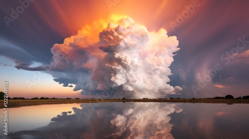 Towering thunderhead cloud dramatically lit by the warm golden glow of the setting sun creating a breathtaking and ominous atmospheric scene in the evening sky