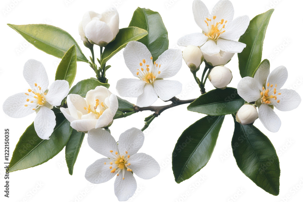 Obraz premium White orange flower and green leaves isolated on white background