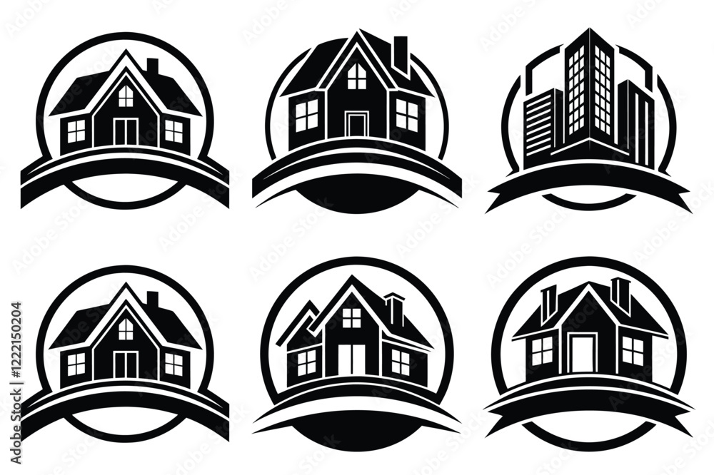 Fototapeta premium Real Estate icon set. Vector illustration. The collection contains icons: House, Real Estate Insurance, Real Estate Agent, House Key, Domestic Life, Real Estate Construction, Relocation, Home.