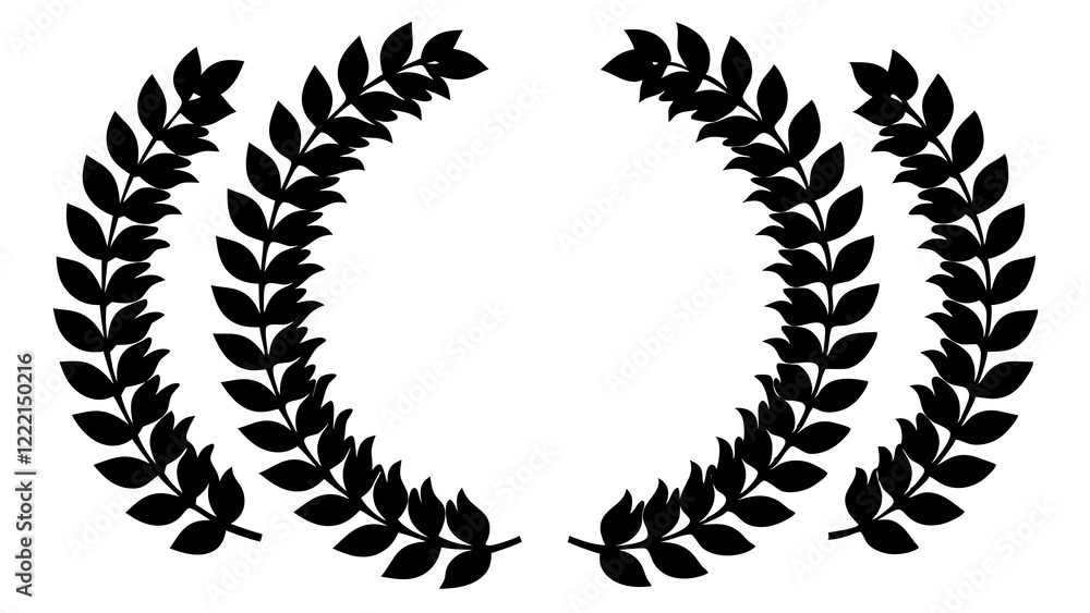 Set black silhouette circular laurel foliate, wheat and oak wreaths depicting an award, achievement, heraldry, nobility on white background. Emblem floral greek branch flat style. Set black silhouette circular laurel foliate, wheat and oak wreaths depicting an award, achievement, heraldry, nobility on white background. Emblem floral greek branch flat style.