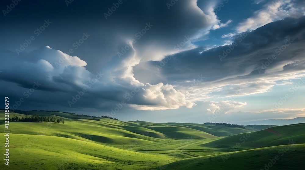 Obraz premium Dramatic time lapse footage showcasing the mesmerizing movement of clouds rolling over a serene picturesque hillside landscape The sweeping vista creates a captivating cinematic atmosphere