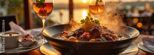 Steaming callaloo bowl in elegant dining room at sunset, culinary delight photo