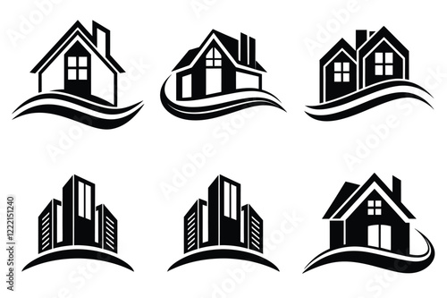 Real Estate icon set. Vector illustration. The collection contains icons: House, Real Estate Insurance, Real Estate Agent, House Key, Domestic Life, Real Estate Construction, Relocation, Home.
