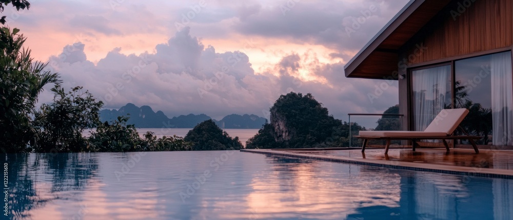 Fototapeta premium Stunning Ocean View Infinity Pool at Dusk Luxury Villa