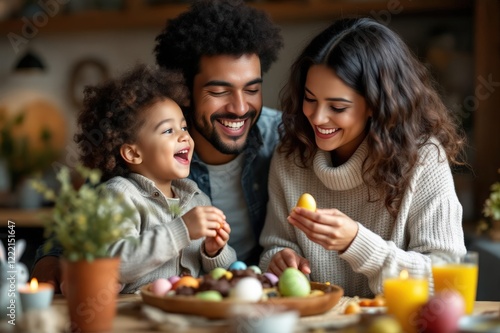 Portrait happy latin family eating chocolate eggs at home. Smiling mother and kid. Holiday activity concept