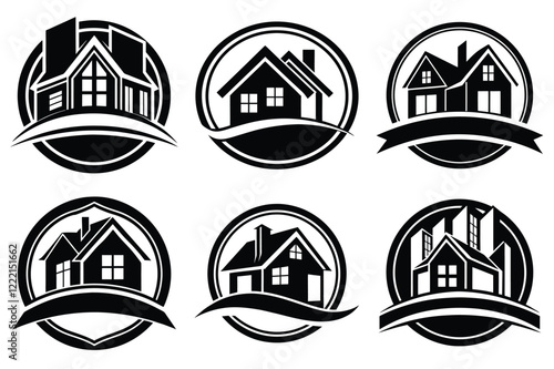 Real Estate icon set. Vector illustration. The collection contains icons: House, Real Estate Insurance, Real Estate Agent, House Key, Domestic Life, Real Estate Construction, Relocation, Home.