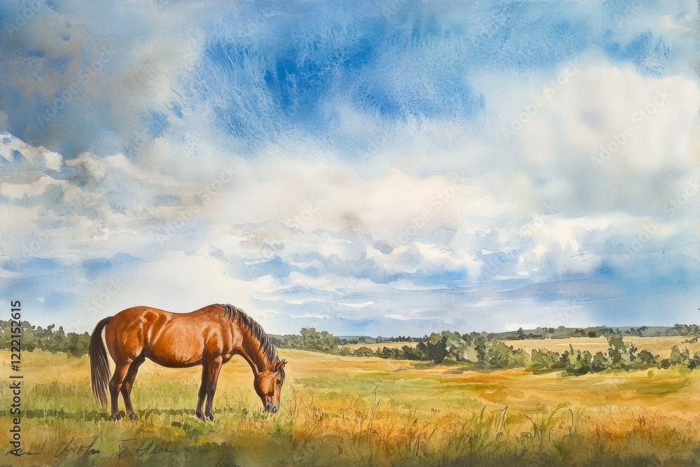 Obraz premium Majestic Horse Grazing in Serene Pastoral Landscape under Blue Sky