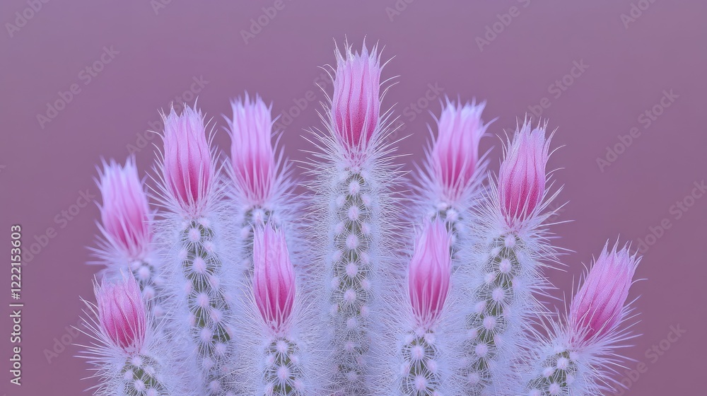Close-Up of White Cactus with Pink Blossoms Against a Soft Purple Background Highlighting Nature's Unique Beauty Close-Up of White Cactus with Pink Blossoms Against a Soft Purple Background Highlighting Nature's Unique Beauty