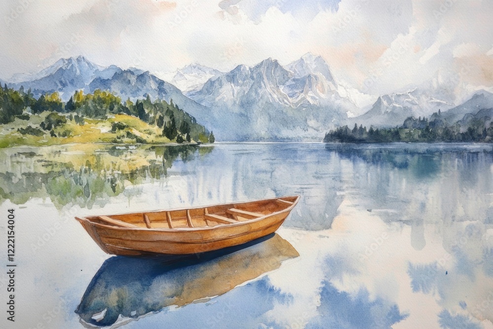 Fototapeta Serene Waterscape with a Wooden Boat and Majestic Mountains