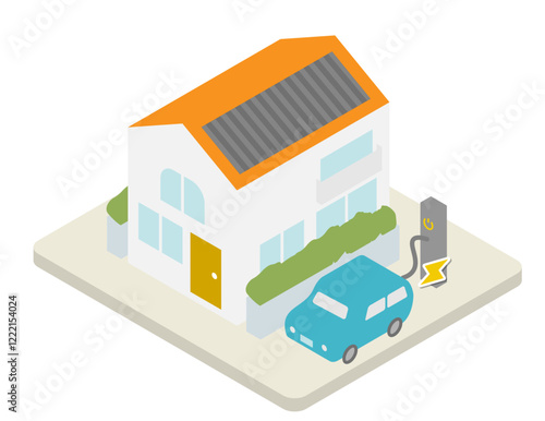 太陽光発電のパネルを屋根につけて、電気自動車を充電しているオール電化システムの家のイメージのアイソメトリックイラスト