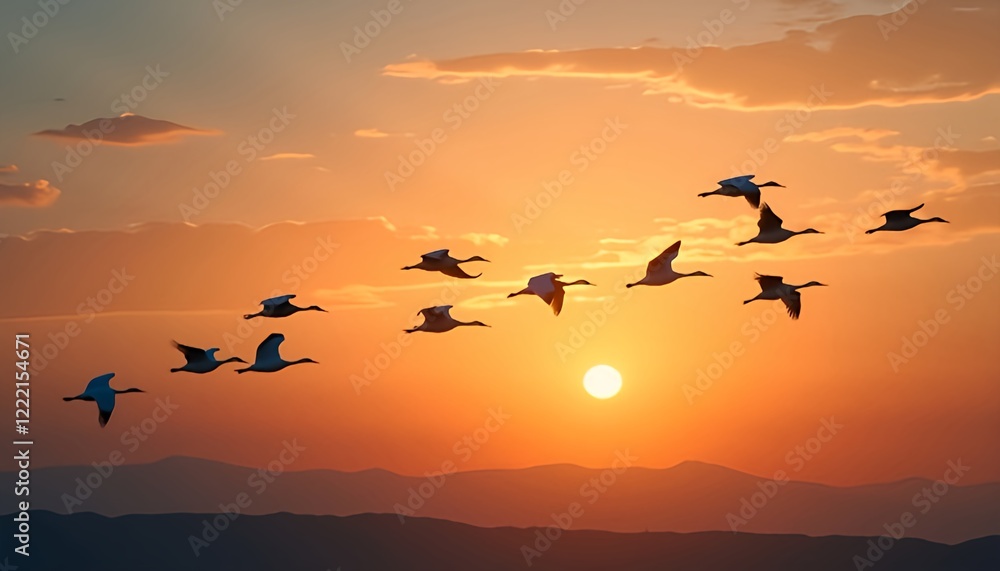 Birds flying in harmony at sunset over the mountains with a warm glow Birds flying in harmony at sunset over the mountains with a warm glow
