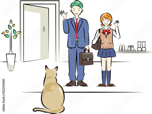 親子で出かける朝(会社に行くパパと学校に向かう娘,お見送りする猫)｜家族シリーズ