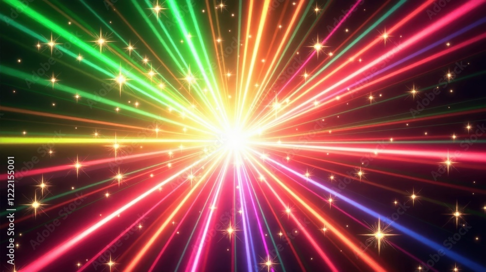 A joyful explosion of color with sharp starburst patterns, neon highlights, and a radiant gradient of green, pink, and gold tones. A joyful explosion of color with sharp starburst patterns, neon highlights, and a radiant gradient of green, pink, and gold tones.