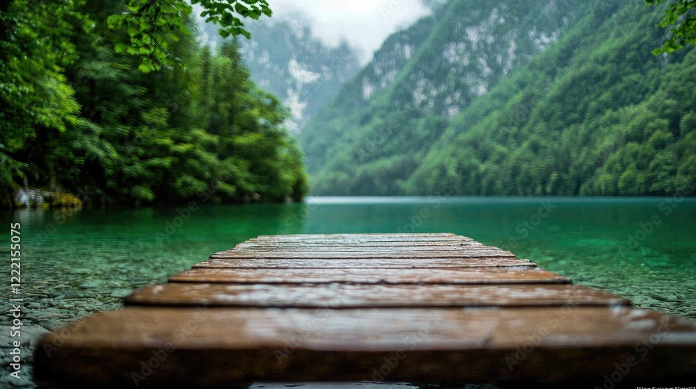 Wooden dock on serene alpine lake, mountains background; tranquil nature scene for travel brochures Wooden dock on serene alpine lake, mountains background; tranquil nature scene for travel brochures