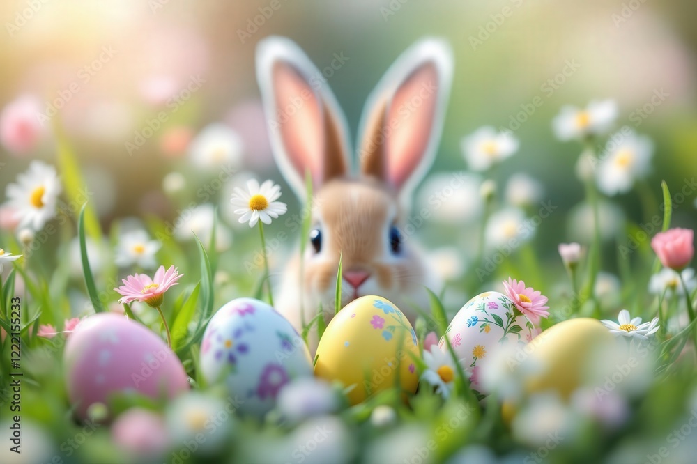 Abstract Defocused Easter Scene - Ears Bunny Behind Grass And Decorated Eggs In Flowery Field Abstract Defocused Easter Scene - Ears Bunny Behind Grass And Decorated Eggs In Flowery Field