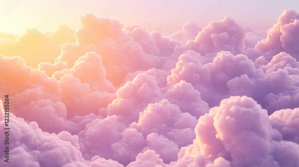 A tranquil scene of billowing clouds in a pastel gradient of lavender and peach, glowing with the warm light of a setting sun A tranquil scene of billowing clouds in a pastel gradient of lavender and peach, glowing with the warm light of a setting sun