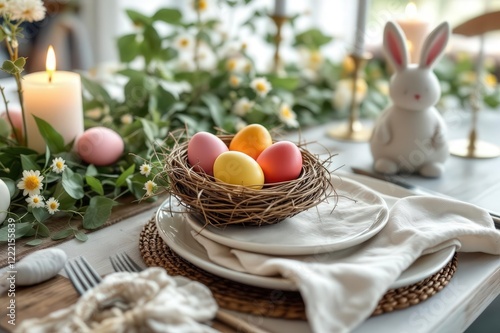 Easter decor closeup. Setting table for Easter dinner with candles, ceramic plates with easter eggs in nest, Easter bunny made of linen napkin. Holidays celebration concept. Side view. Set up.