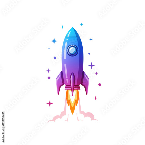 Detailed vector of a glowing rocket ship launching upward surrounded by stars representing business startups on a white background