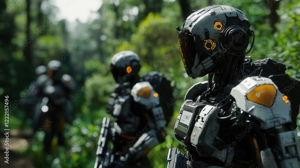 Futuristic Robot Soldiers Patrol in Lush Jungle Futuristic Robot Soldiers Patrol in Lush Jungle