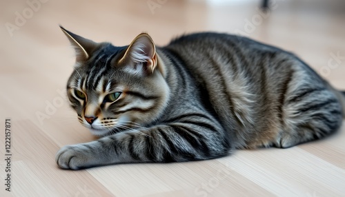 Grey Tabby Cat Resting on Light Brown Wood Floor photo