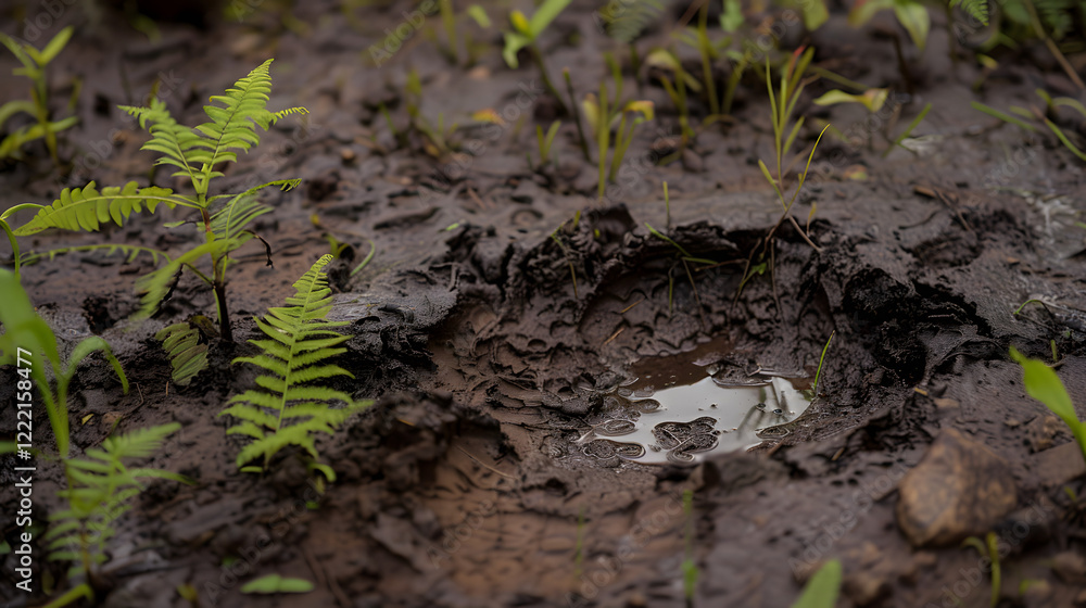 Close-up of a massive dinosaur footprint in wet mud, highlighting the texture and depth of the impression, symbolizing prehistoric life and natural history.
Close-up of a massive dinosaur footprint in wet mud, highlighting the texture and depth of the impression, symbolizing prehistoric life and natural history.
