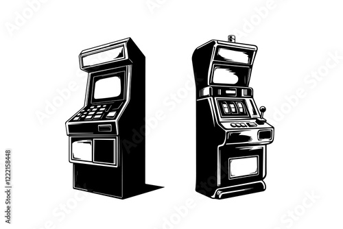 Black and white vector illustration of two slot machines