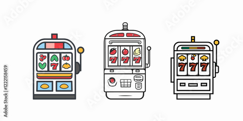 Three slot machines with colorful icons, flat design style