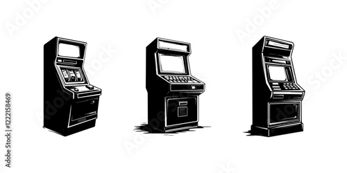 Monochrome vector set of three slot machines, side view.
