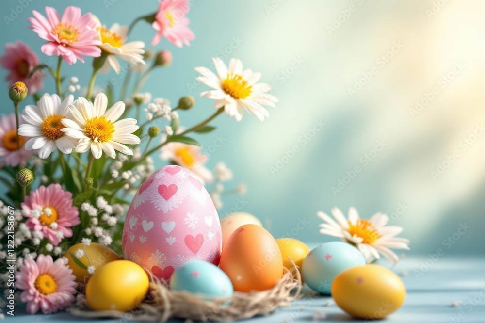 Obraz premium Happy Easter. Congratulatory easter background. Easter eggs and flowers.