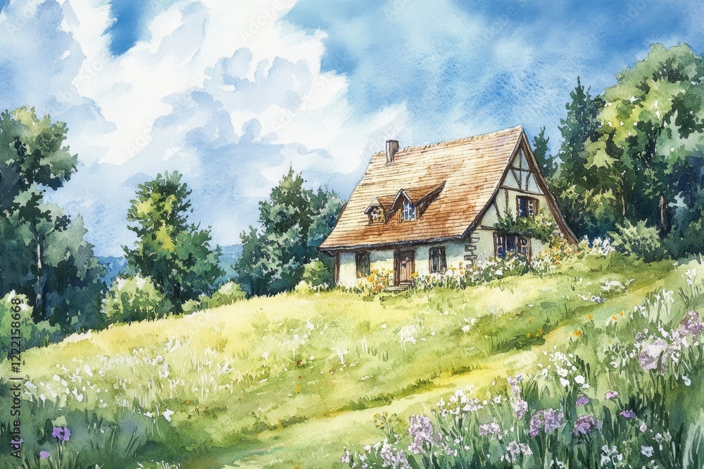 Serene Countryside House Surrounded by Lush Green Meadow and Flowers Serene Countryside House Surrounded by Lush Green Meadow and Flowers
