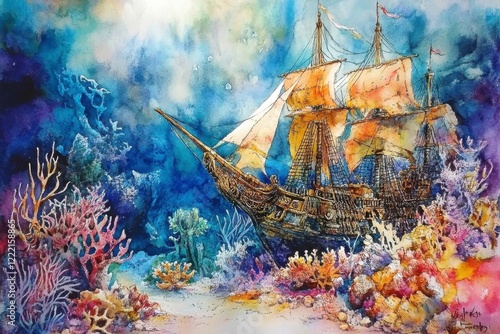 Fototapeta Naklejka Na Ścianę i Meble -  Beautiful Watercolor Ship Underwater Amidst Vibrant Coral Reefs