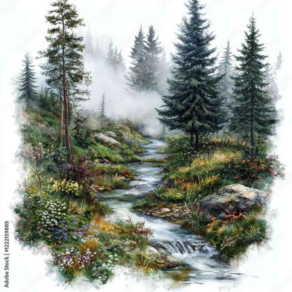 Serene Forest Stream with Lush Greenery and Misty Background in Nature Landscape Serene Forest Stream with Lush Greenery and Misty Background in Nature Landscape