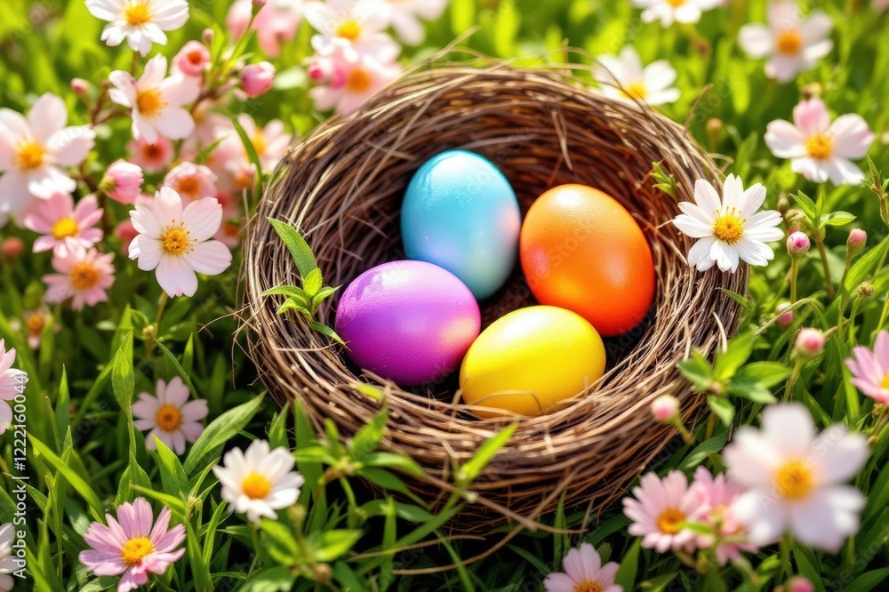 Easter composition with colorful Easter eggs in nest on green grass. Beautiful pink and white cherry flowers. Sunny spring background. Banner Easter composition with colorful Easter eggs in nest on green grass. Beautiful pink and white cherry flowers. Sunny spring background. Banner