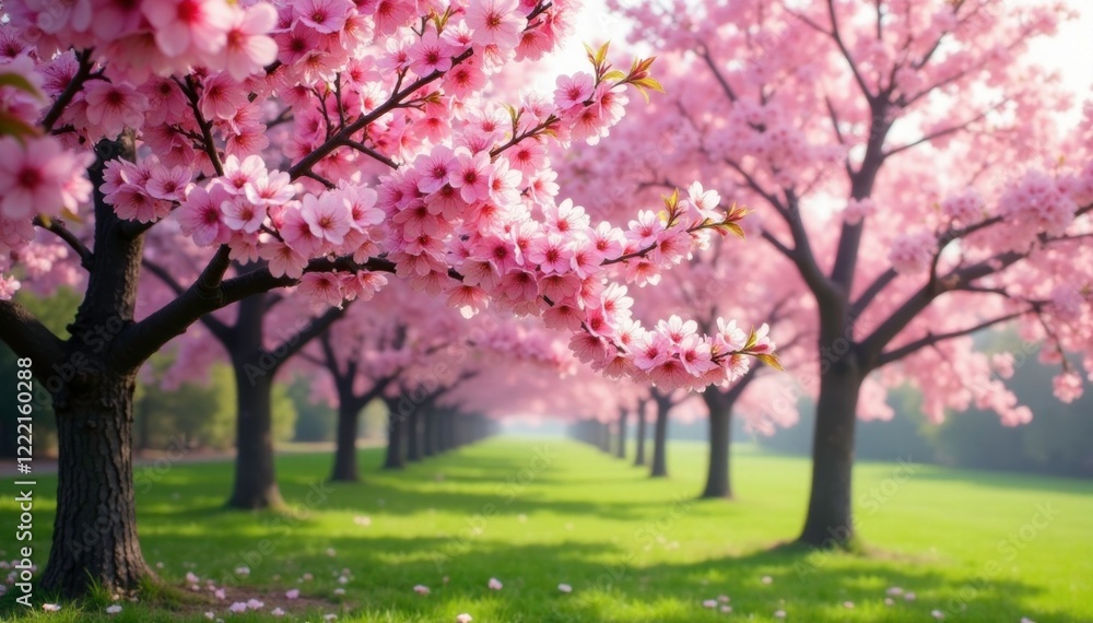 Naklejka premium Pink blossoms fill the entire tree as they bloom in spring, flowering trees, greenery