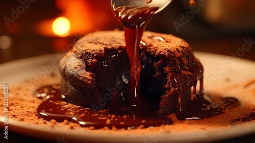 Closeup view of a freshly baked molten chocolate lava cake being sliced open revealing its warm gooey and irresistibly indulgent interior  The rich creamy chocolate filling drips and oozes out photo