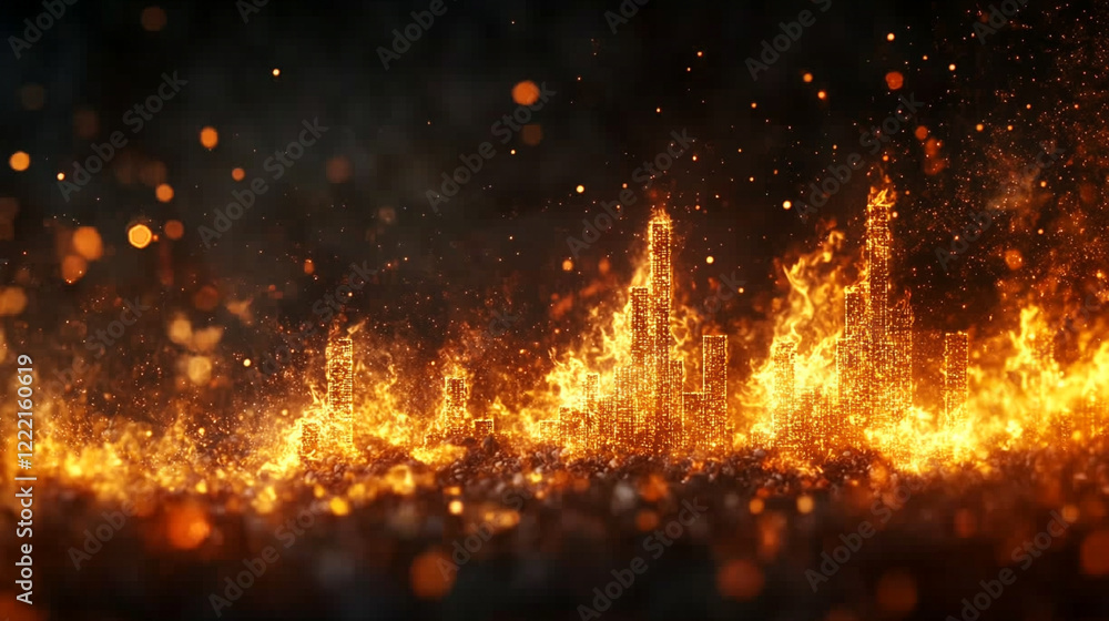 Black bar graph engulfed in flames and sparks with a dark background of digital financial charts minimalistic bright tone modern blurred empty space symbolizing chaos and volatility
Black bar graph engulfed in flames and sparks with a dark background of digital financial charts minimalistic bright tone modern blurred empty space symbolizing chaos and volatility