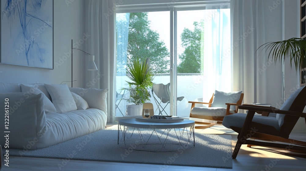 Bright and Modern Living Room with Sofa Armchairs and Balcony View Bright and Modern Living Room with Sofa Armchairs and Balcony View