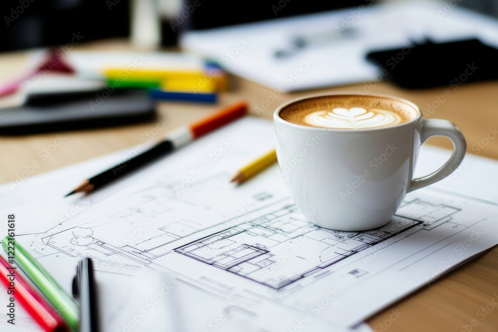 Coffee and Architectural Blueprints on a Workspace Coffee and Architectural Blueprints on a Workspace
