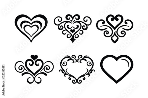 Heart shapes, ornate designs, black and white, vintage filigree, decorative patterns, symmetrical motifs, floral elements