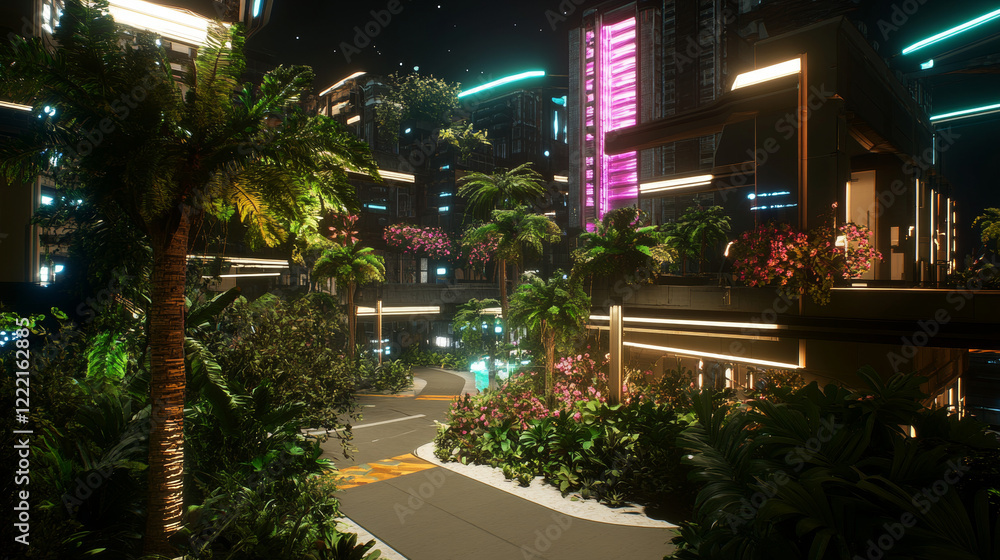 Naklejka premium Future city, night town with skyscrapers and futuristic buildings with neon lights. Vector cartoon illustration of cityscape with cyberpunk architecture, plants, trees and crossroad