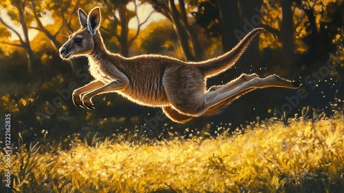 A majestic kangaroo leaps gracefully through a sunlit grassland, showcasing its agile movements against a backdrop of vivid greenery and golden sunlight. photo