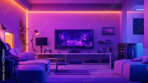 Night gamer room with neon screen and computer vector background. Video game stream office with light and purple interior illustration. Living lounge with console, joystick and playing setup.