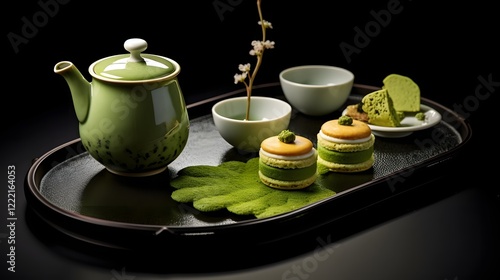 Elegantly Displayed Japanese Matcha Sweets with Green Tea Accompaniment   A Harmonious Culinary Presentation of Traditional Japanese Confections and Refreshing Beverage