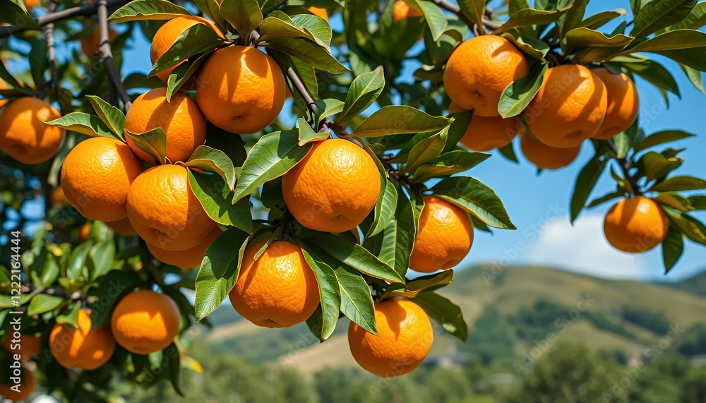 Ripe Oranges on a Branch in Sunny Orchard Ripe Oranges on a Branch in Sunny Orchard