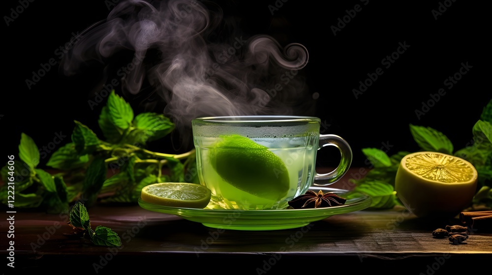 Steaming Glass of Rejuvenating Green Tea with Slice of Lime and Fresh Mint Leaves Healthy Herbal Beverage for Morning Relaxation and Wellness Steaming Glass of Rejuvenating Green Tea with Slice of Lime and Fresh Mint Leaves Healthy Herbal Beverage for Morning Relaxation and Wellness